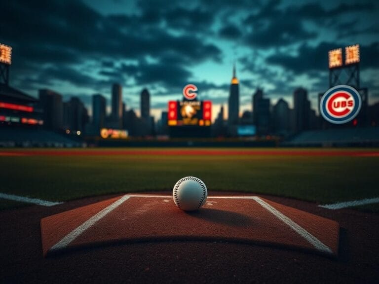 Flick International Dramatic view of an empty baseball diamond at dusk highlighting the pitcher's mound and a single baseball.