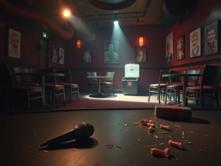 Flick International Dimly lit comedy club with a spotlight on an abandoned microphone, symbolizing the disruption of a performance.