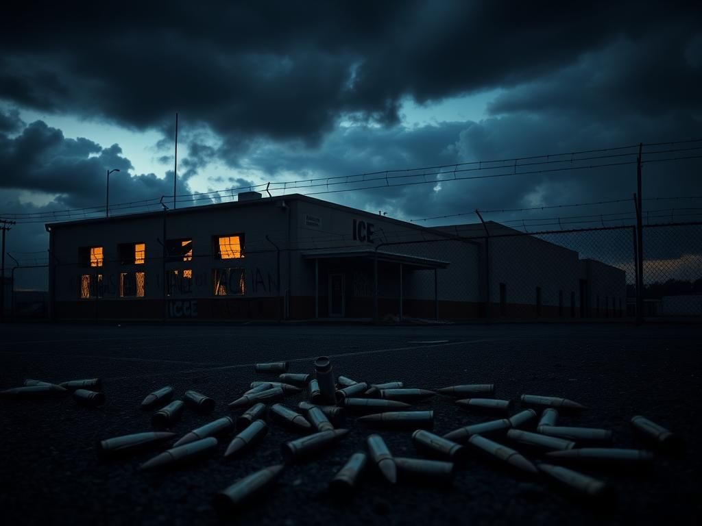 Flick International Distressed ICE facility building at dusk with shattered windows and graffiti