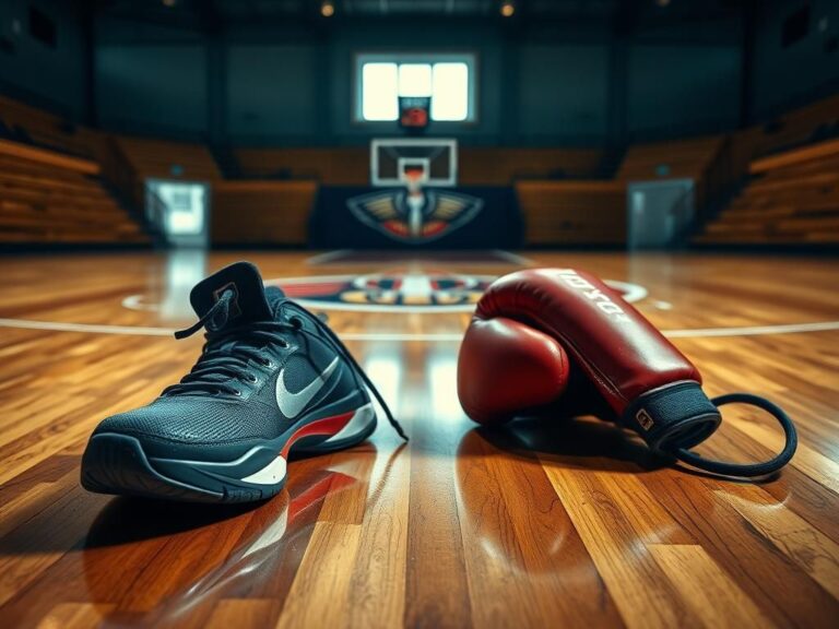 Flick International A close-up of basketball shoes and boxing gloves on a polished court, symbolizing intense training.