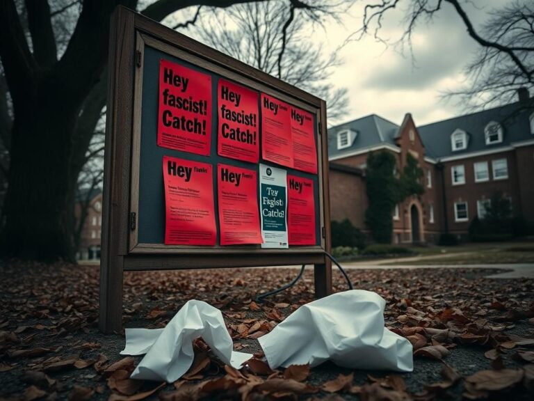 Flick International A weathered bulletin board on Georgetown University campus covered with red recruitment flyers featuring aggressive slogans.