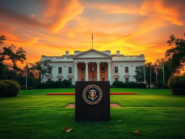 Flick International Dramatic view of the White House at sunset with an empty press briefing podium