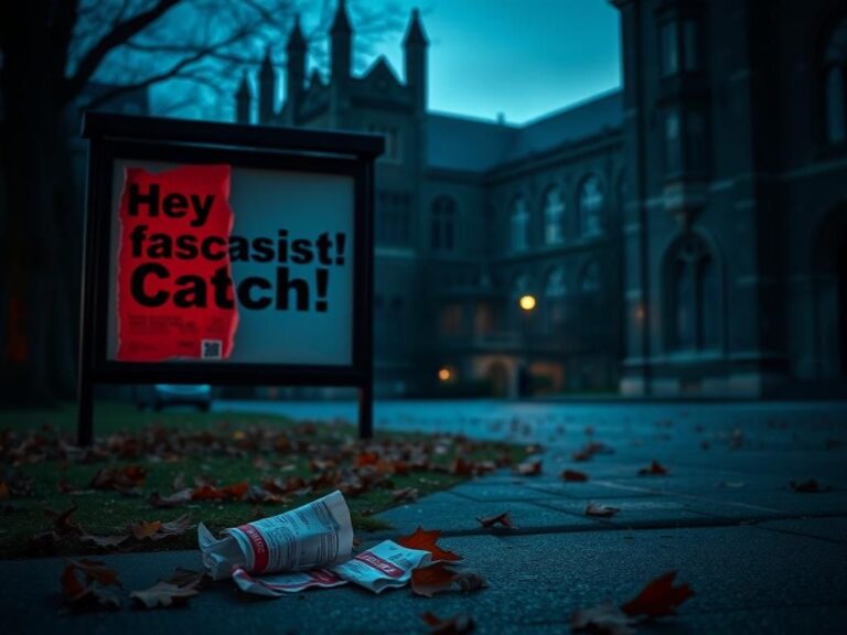 Flick International Dark university campus at dusk with recruitment flyer showing 'Hey fascist! Catch!'