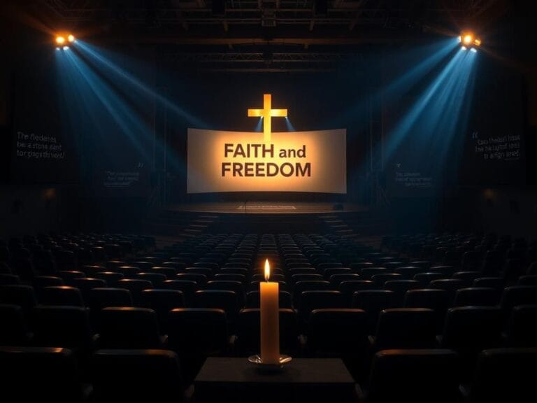 Flick International Dimly lit auditorium with empty chairs facing a stage adorned with a glowing 'Faith and Freedom' banner