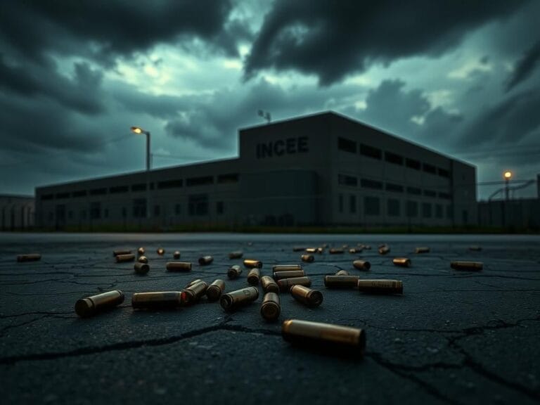 Flick International Exterior view of an ICE facility with stormy clouds and cracked pavement