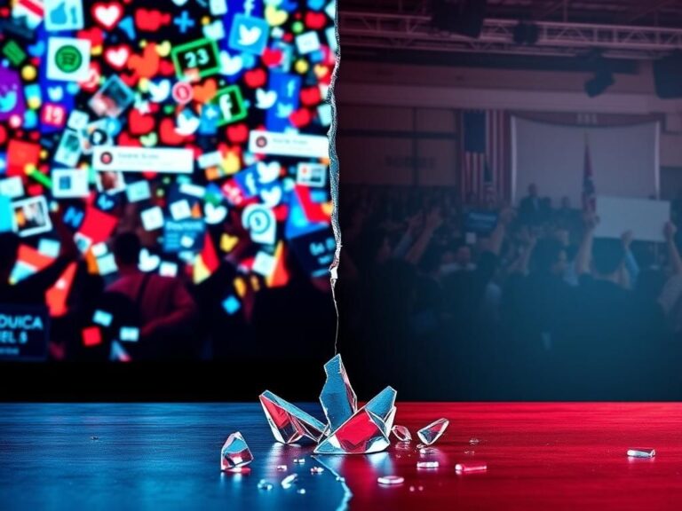 Flick International A vivid split scene contrasting modern digital communication and traditional political rallies