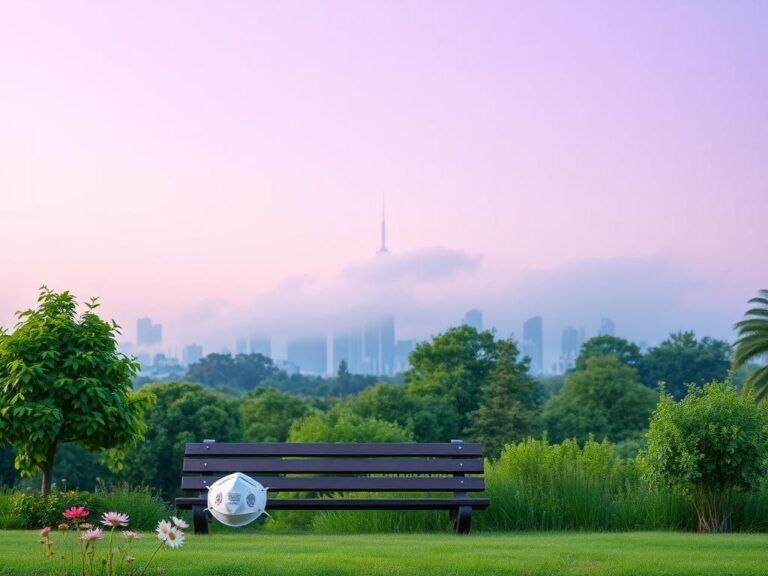 Flick International A serene urban landscape with a city skyline obscured by smog and a vibrant green park in the foreground.