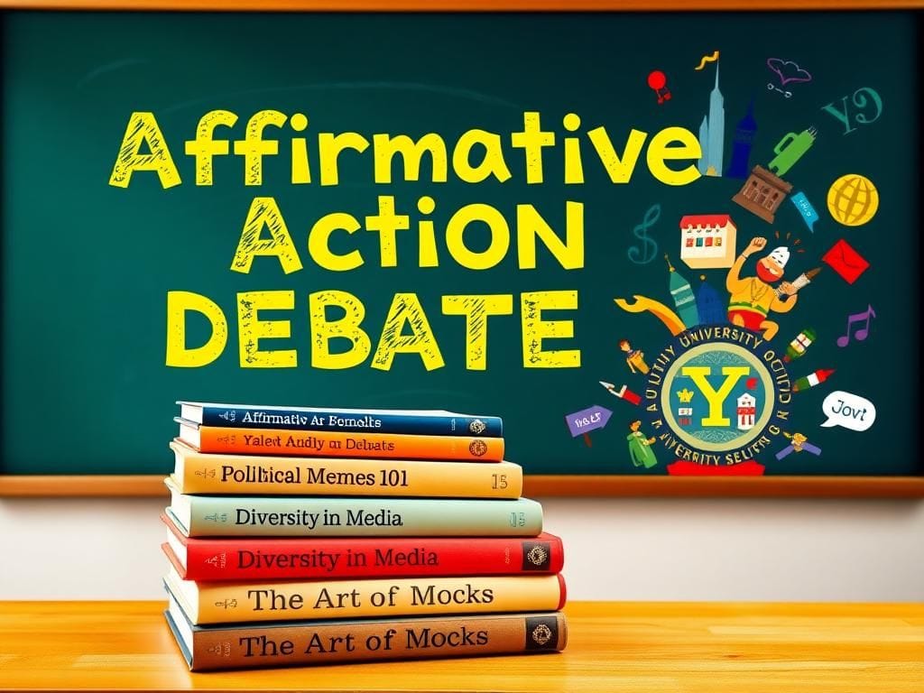 Flick International playful digital collage showcasing a classroom debate on affirmative action and diversity
