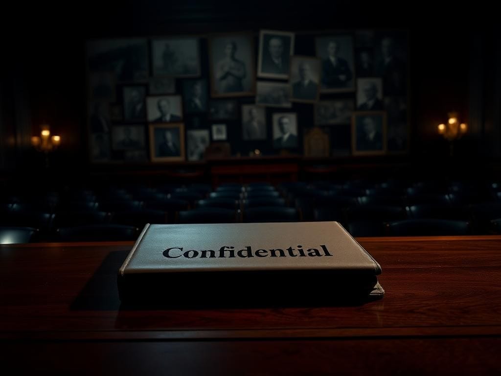 Flick International Shadowy congressional hearing room with empty seats symbolizing victims' absence
