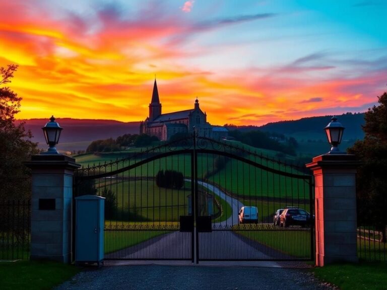 Flick International A serene view of St. Michael's Abbey at sunset with security elements