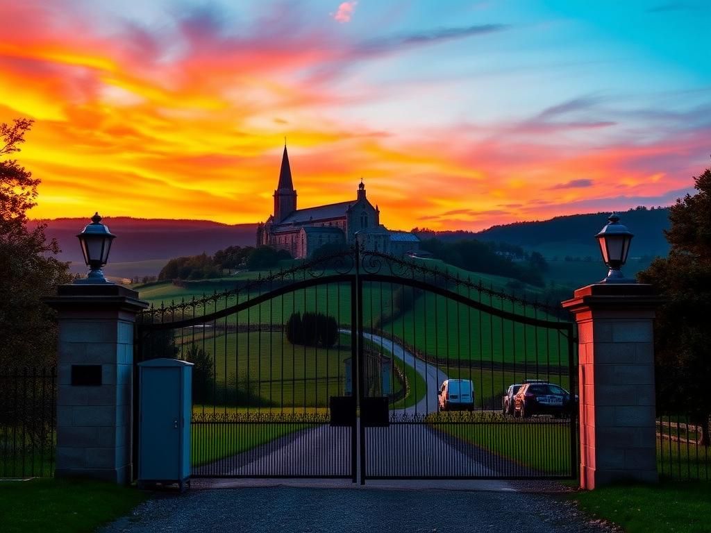 Flick International A serene view of St. Michael's Abbey at sunset with security elements