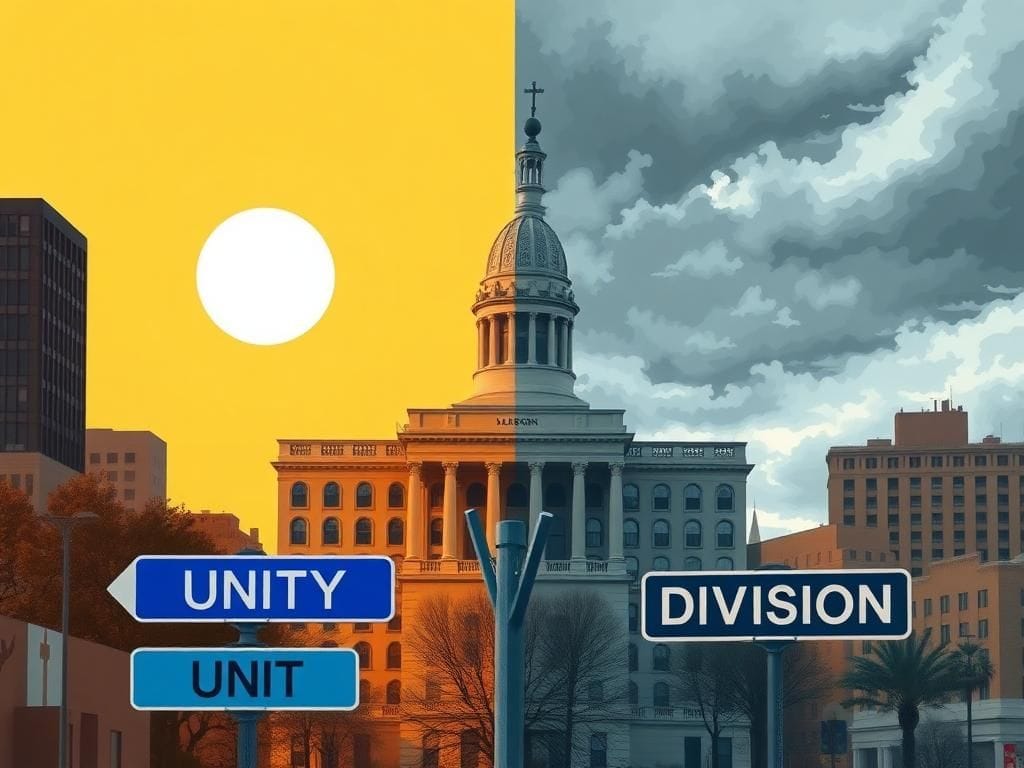 Flick International Divided cityscape of Dearborn, Michigan, depicting a government building alongside religious symbols