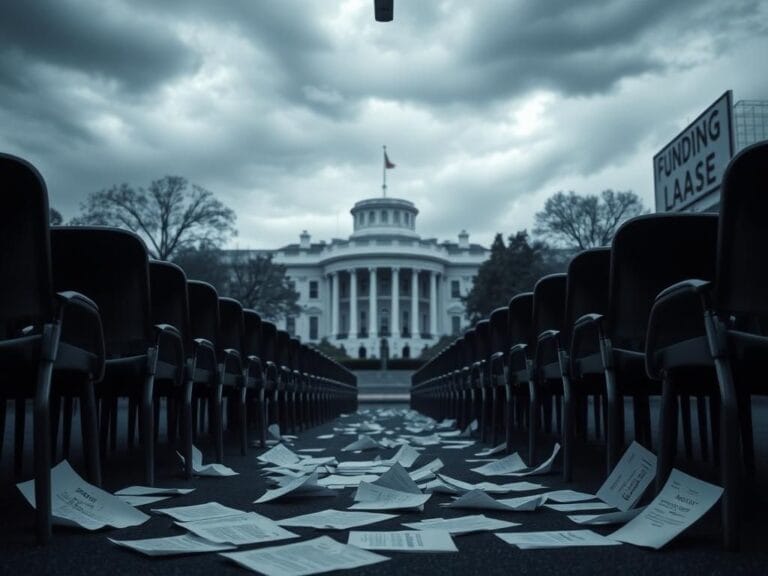 Flick International Somber government building under gray skies with empty office chairs symbolizing looming layoffs