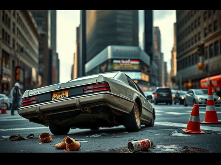 Flick International Abandoned vehicle after hit-and-run incident in Midtown Manhattan