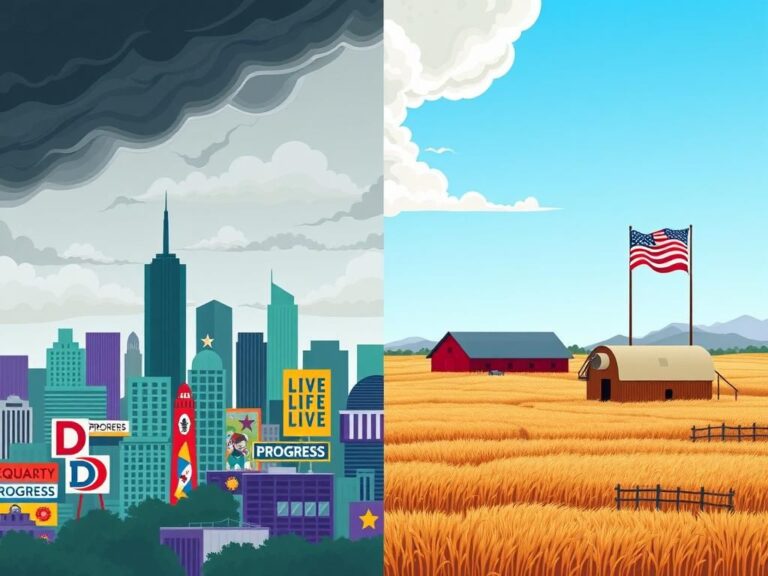 Flick International Split-scene illustration depicting contrasting urban and rural landscapes representing American political polarization