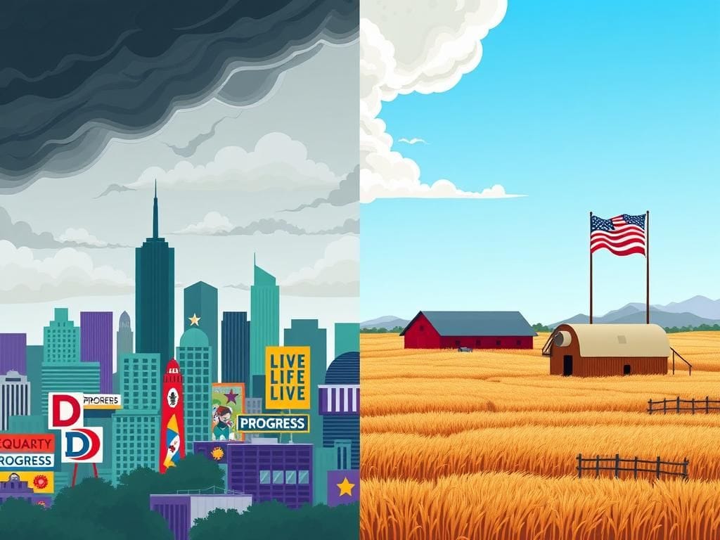 Flick International Split-scene illustration depicting contrasting urban and rural landscapes representing American political polarization