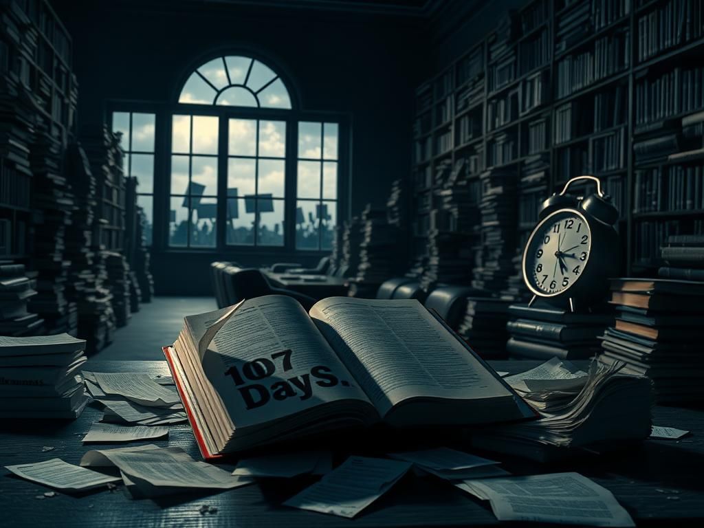 Flick International A dimly lit library showcasing an open book titled '107 Days' amidst disheveled stacks, conveying a sense of urgency and chaos.