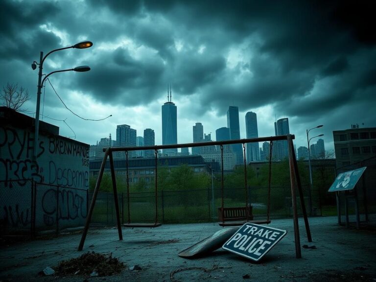 Flick International A dark urban landscape showcasing crumbling infrastructure and an abandoned playground, symbolizing societal unrest and neglect.