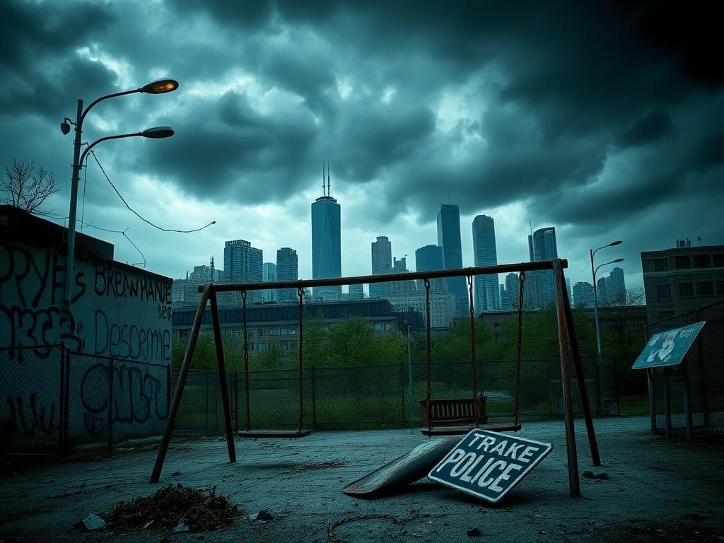 Flick International A dark urban landscape showcasing crumbling infrastructure and an abandoned playground, symbolizing societal unrest and neglect.
