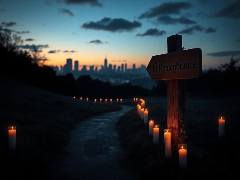 Flick International A twilight landscape featuring a winding path of memorial candles for murder victims.