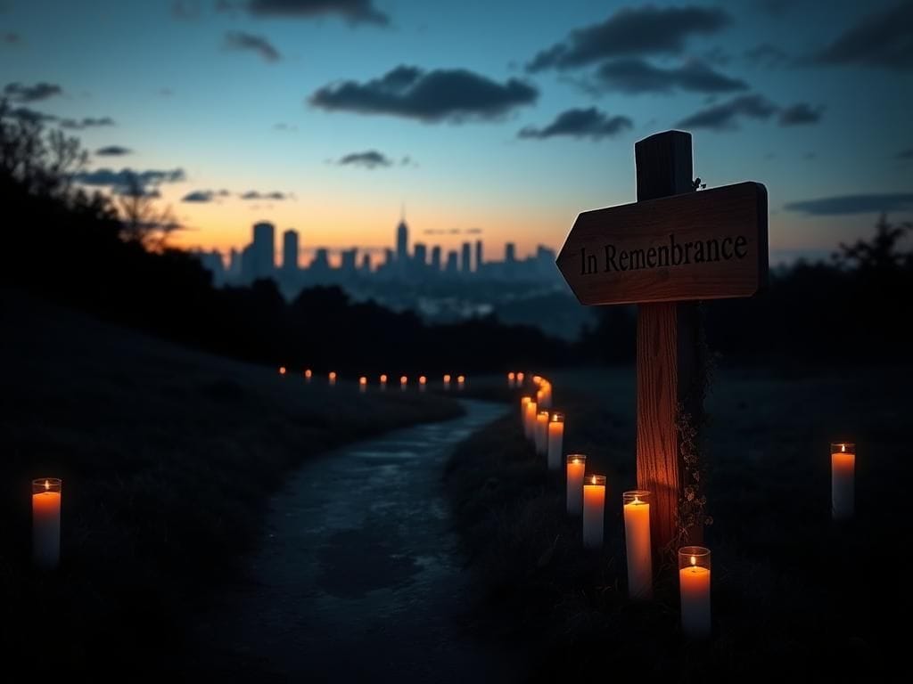 Flick International A twilight landscape featuring a winding path of memorial candles for murder victims.