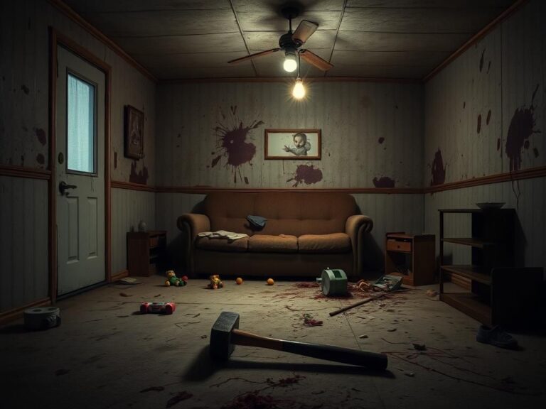 Flick International Dimly lit interior of a trailer home showing signs of neglect and despair after a tragic event.