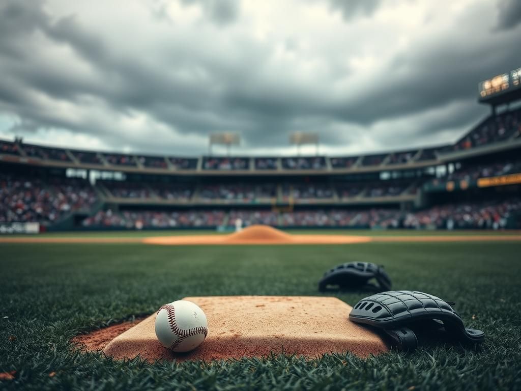 Flick International Empty pitcher's mound on a baseball field with scattered gear after a tense incident
