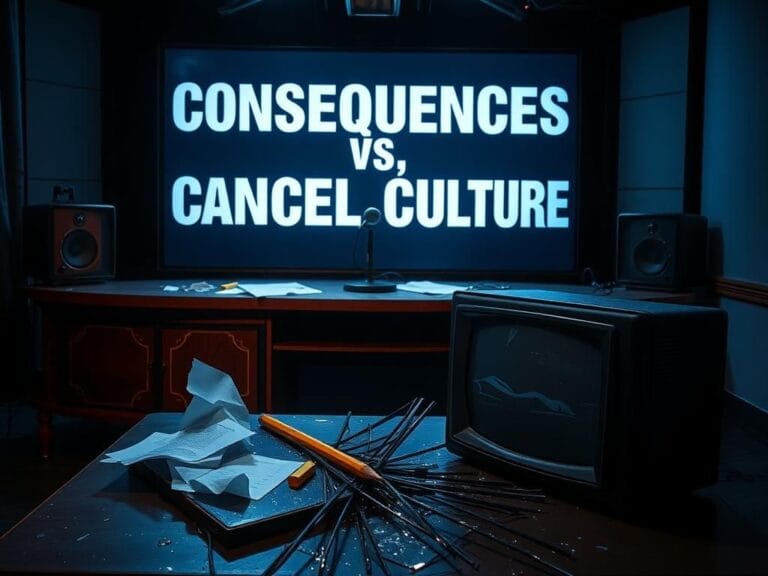 Flick International Dimly lit television studio with vintage desk and shattered screen reflecting controversy