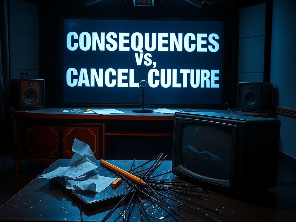 Flick International Dimly lit television studio with vintage desk and shattered screen reflecting controversy