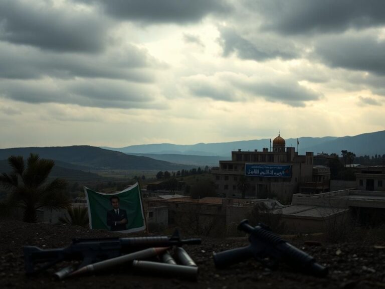 Flick International A somber landscape of the Palestinian territories with olive trees and governmental buildings under a cloudy sky