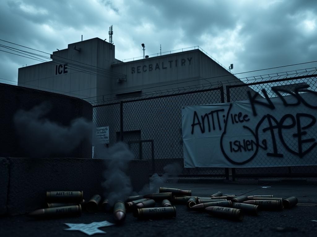 Flick International Exterior of a fortified ICE facility in Dallas under dark skies