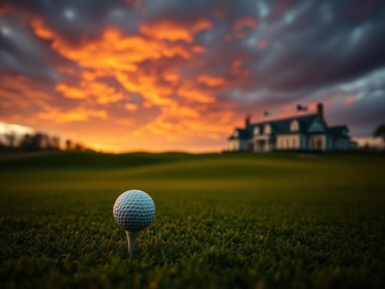 Flick International Dramatic sunset scene on a golf course with a golf ball on a tee