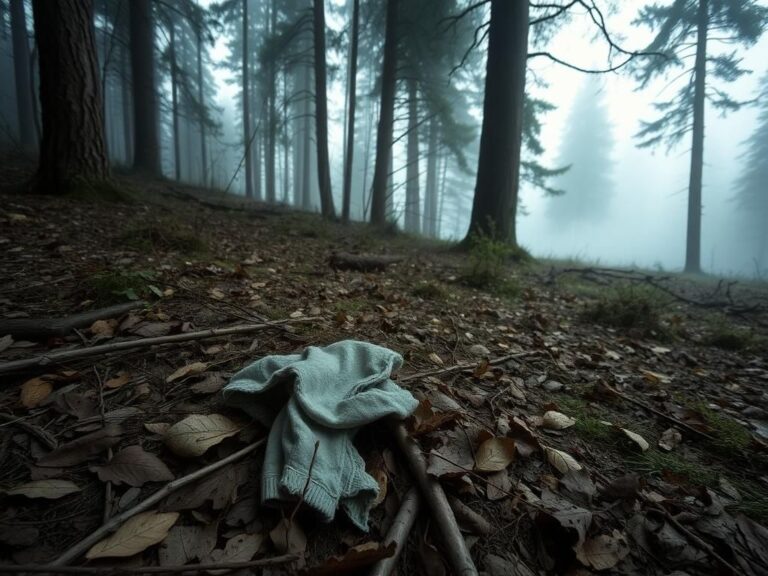 Flick International A desolate forest scene shrouded in mist with a tattered piece of clothing partially buried among the underbrush
