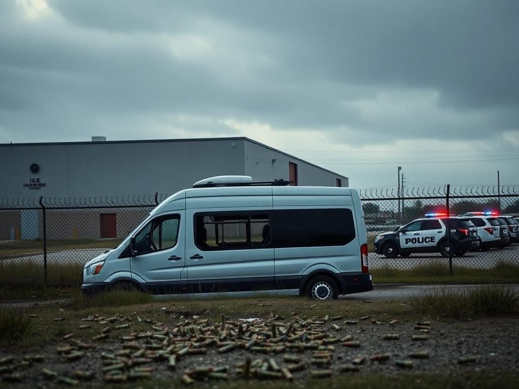 Flick International A somber scene outside a U.S. Immigration and Customs Enforcement facility in Dallas, Texas, featuring a bullet-ridden transport van and police vehicles.