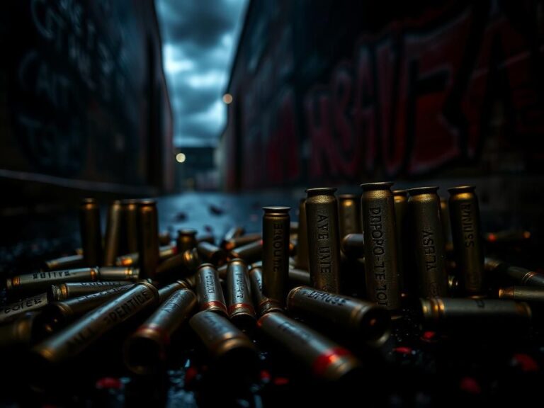Flick International Close-up of engraved bullet casings in a dimly lit alleyway
