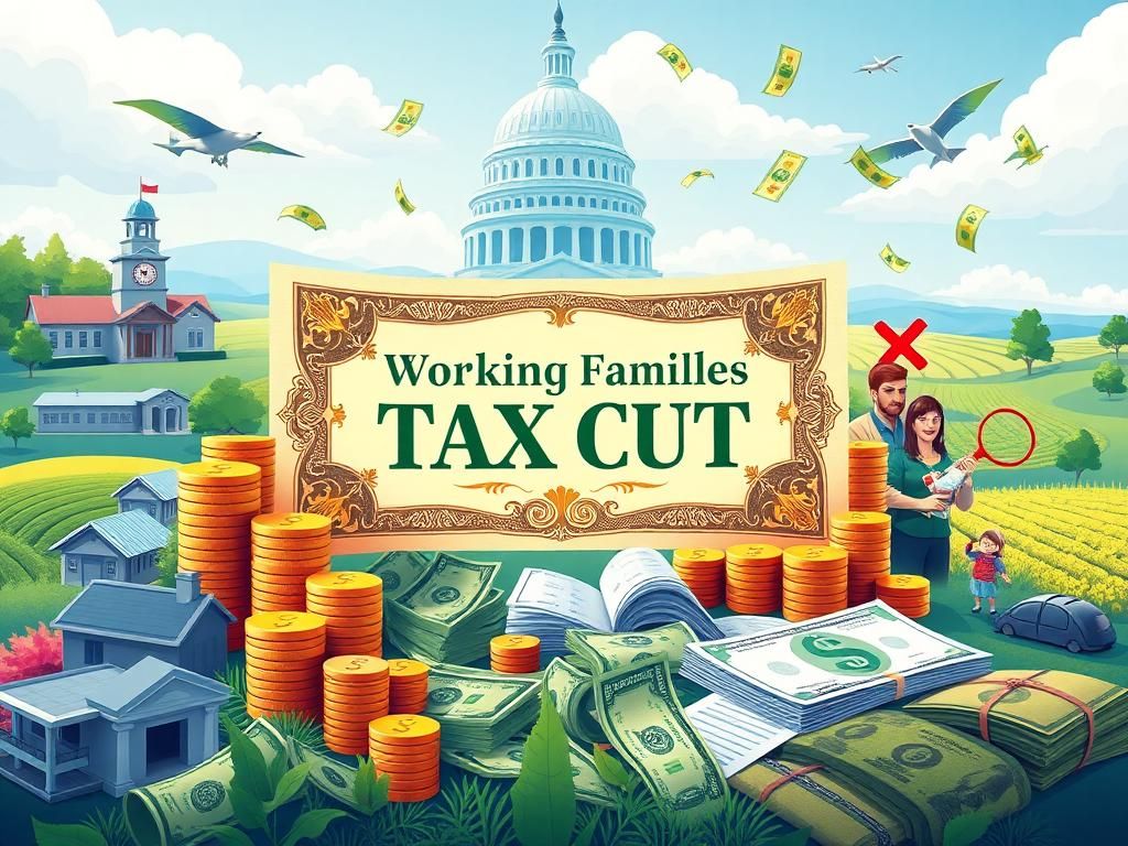 Flick International A vibrant political scene featuring a large bill labeled 'Working Families Tax Cut' surrounded by symbols of economic prosperity.