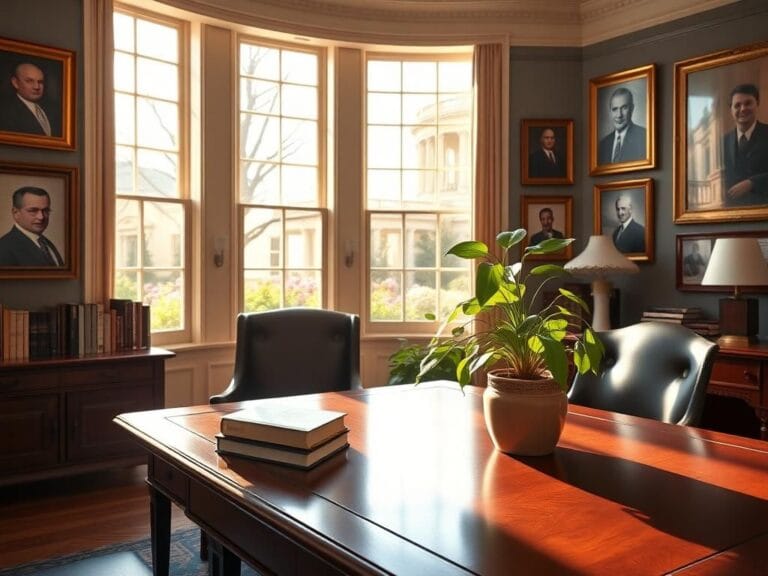 Flick International A serene office space reflecting mentorship and leadership, with a view of the White House garden.