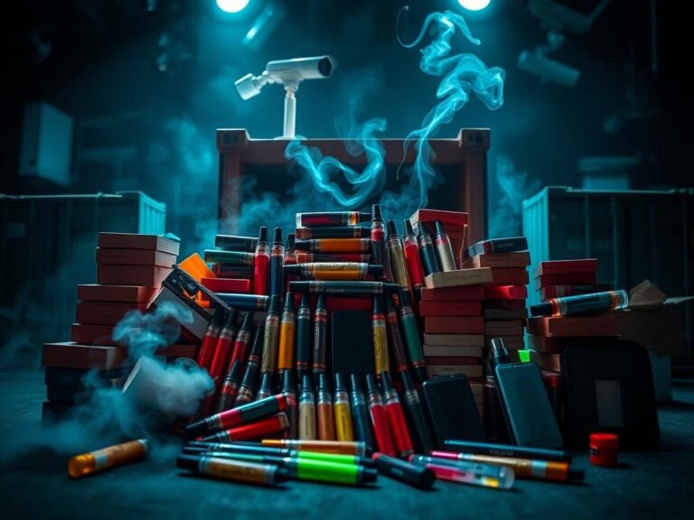 Flick International Collection of illicit vaping products including unauthorized e-cigarettes and vape cartridges in a dimly lit setting