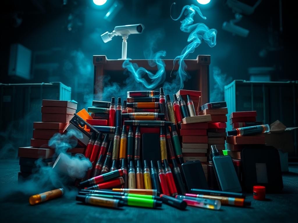 Flick International Collection of illicit vaping products including unauthorized e-cigarettes and vape cartridges in a dimly lit setting