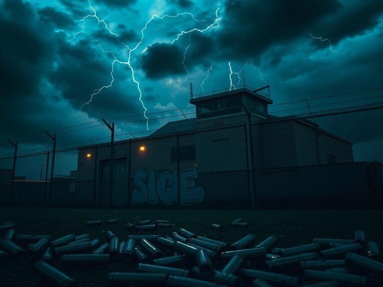 Flick International A secure ICE facility surrounded by barbed wire and high fences under a twilight sky