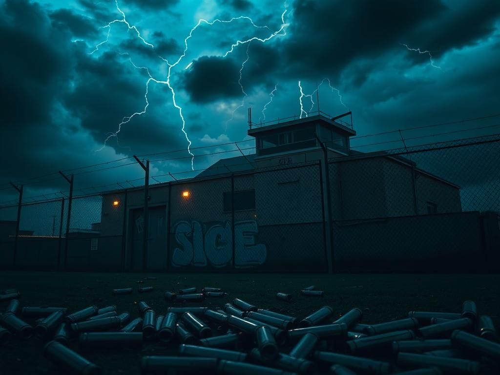 Flick International A secure ICE facility surrounded by barbed wire and high fences under a twilight sky