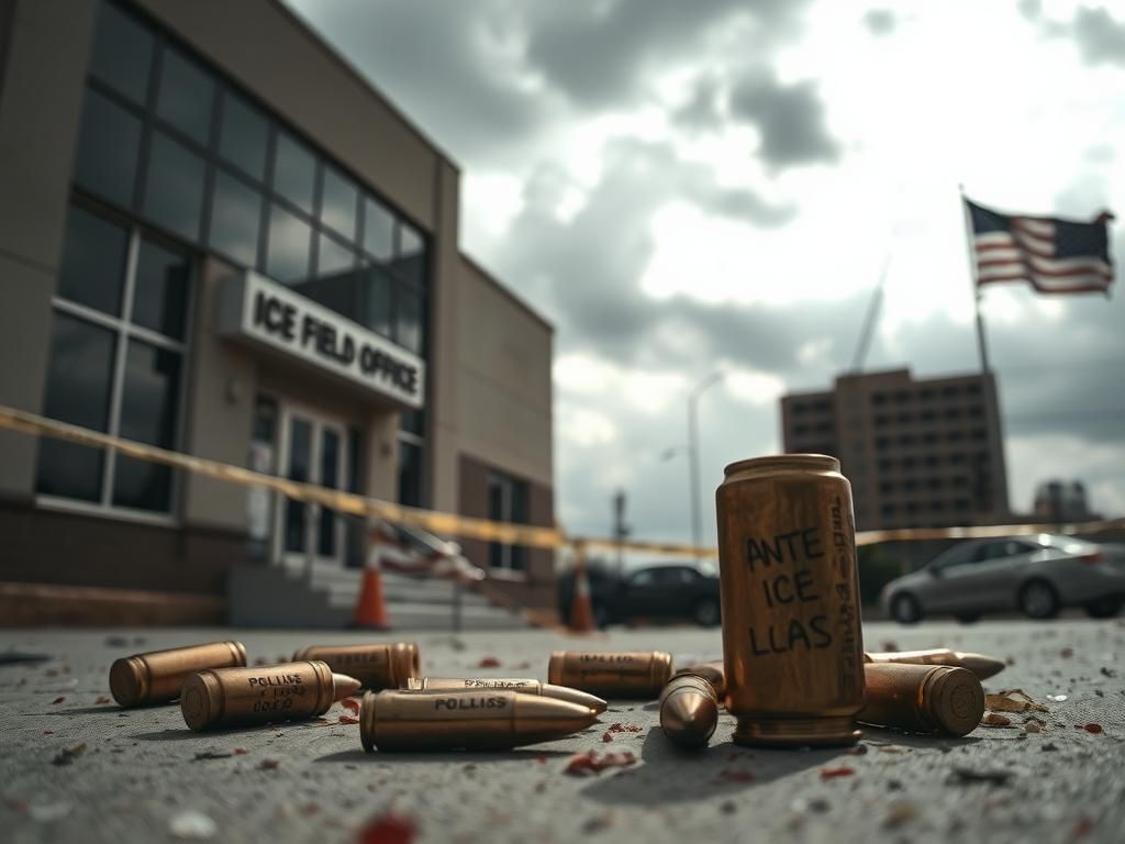 Flick International Shattered windows and police tape surround the exterior of an ICE field office in Dallas after a violent shooting incident.