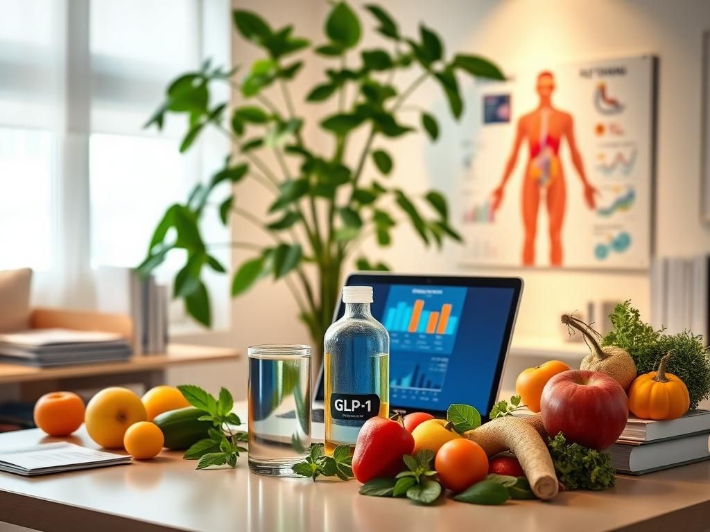 Flick International A serene medical office with health data charts and a prominent 'GLP-1' bottle