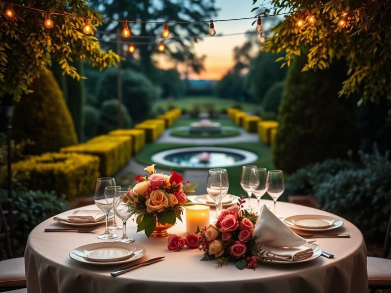 Flick International beautifully set outdoor dining table under fairy lights at Highgrove House