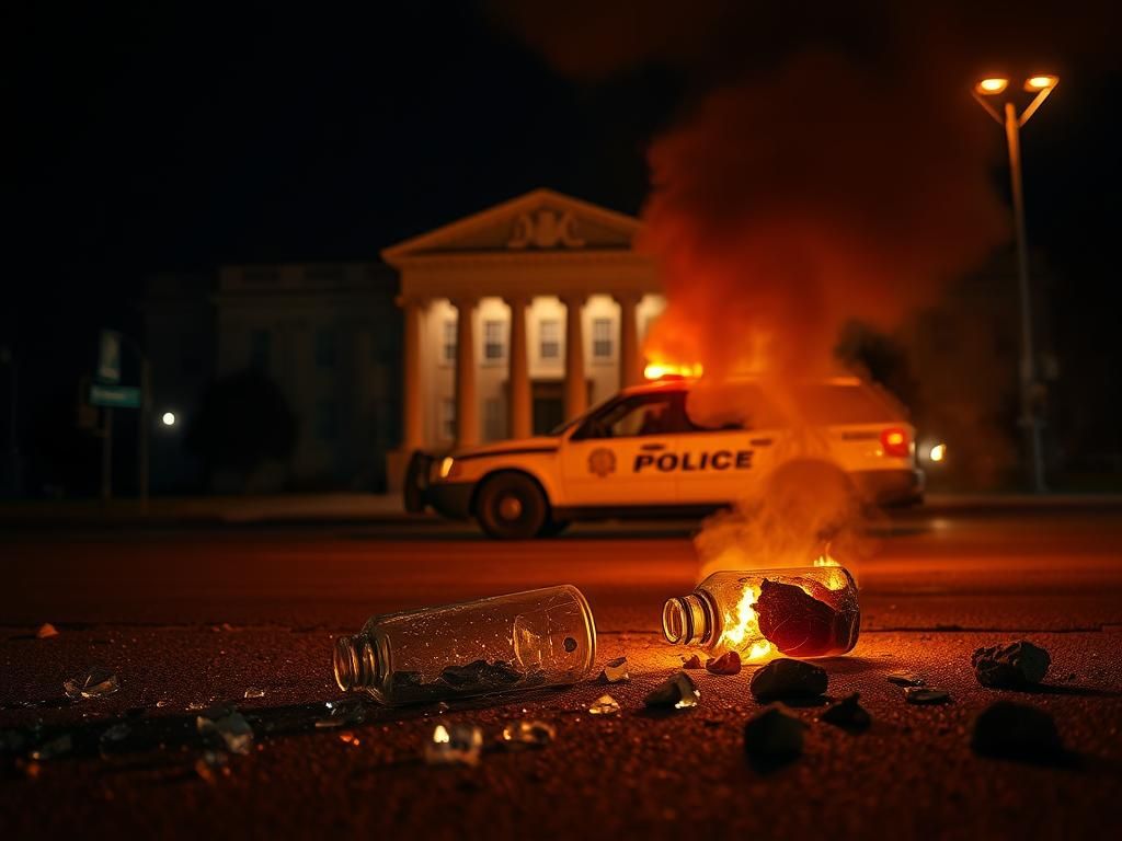 Flick International Dark urban landscape with smoldering fire and shattered glass after an arson attack