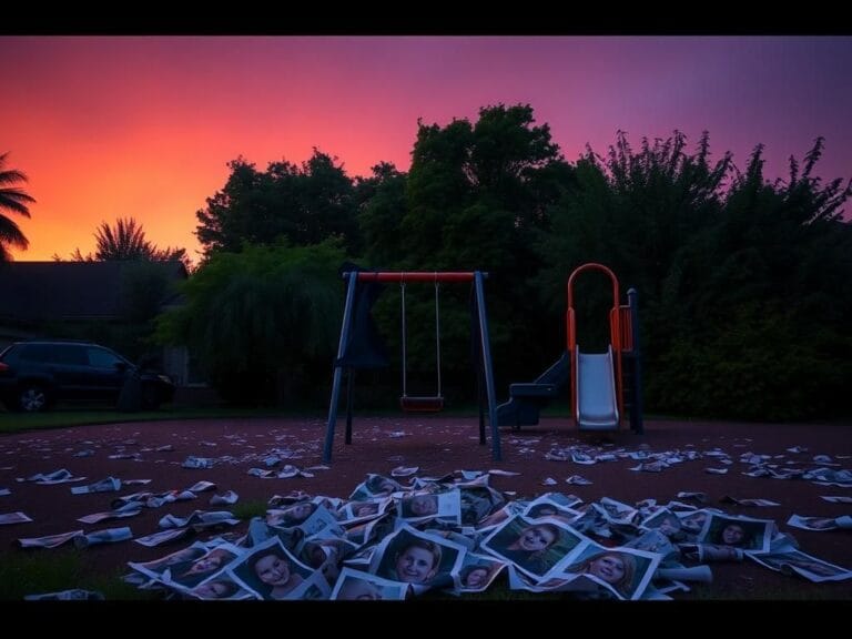 Flick International Distressed suburban playground scene at dusk with swingset and slide, symbolizing parenting challenges.
