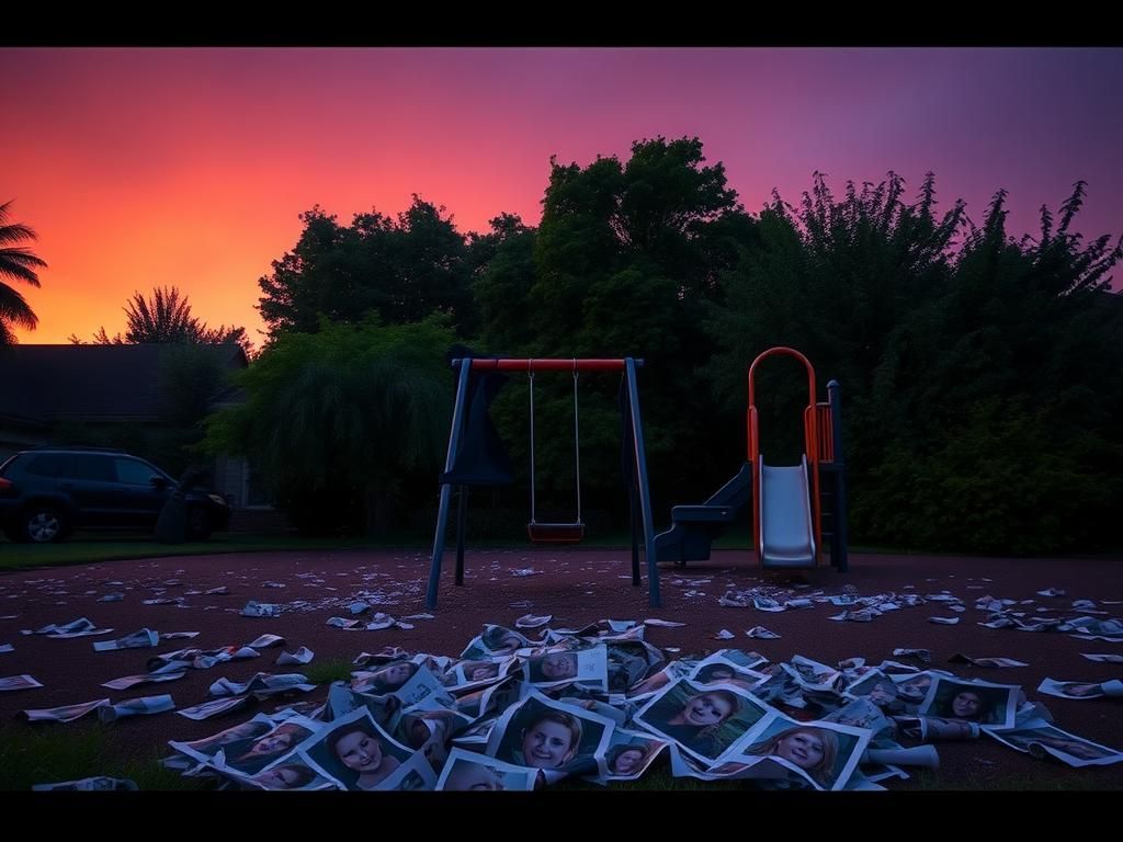 Flick International Distressed suburban playground scene at dusk with swingset and slide, symbolizing parenting challenges.