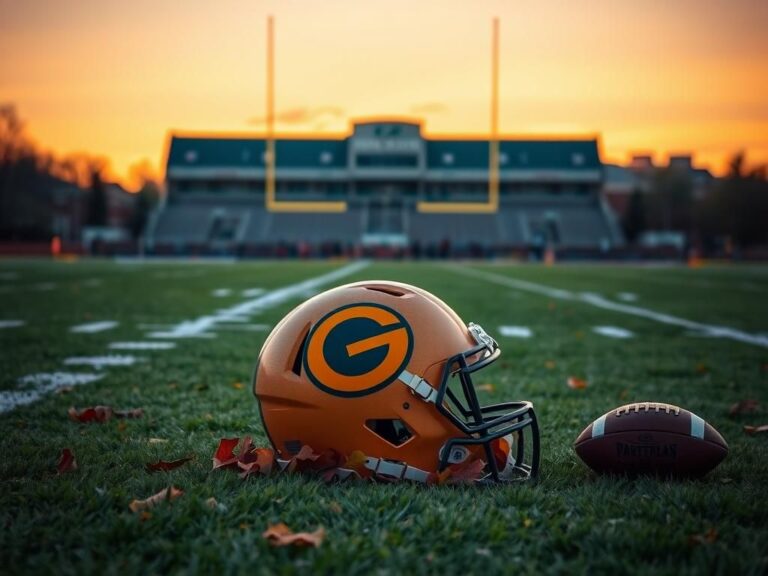 Flick International Green Bay Packers helmet on a football field with goalposts at dusk