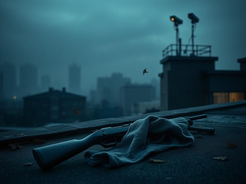 Flick International Abandoned bolt-action rifle on urban rooftop at dawn