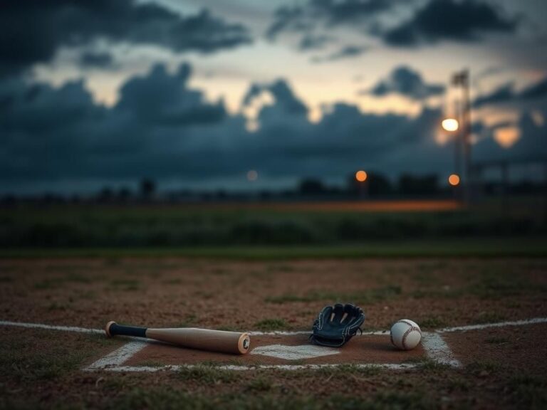 Flick International Youth baseball field at twilight with ominous clouds and scattered equipment